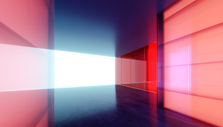Empty modern multiple purpose room space with colored gradient transparent glass wall. 3D realistic renderingの写真素材