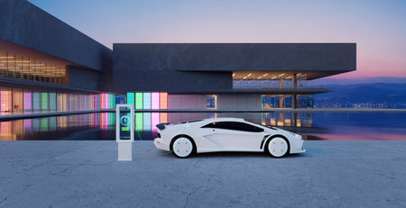 The electric sports car is parked and charged outside modern buildings have colored gradient glass walls with a pond landscaping in front. 3D realistic renderingの写真素材