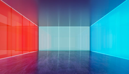 Empty modern multiple purpose room space with colored gradient transparent glass wall. 3D realistic renderingの写真素材