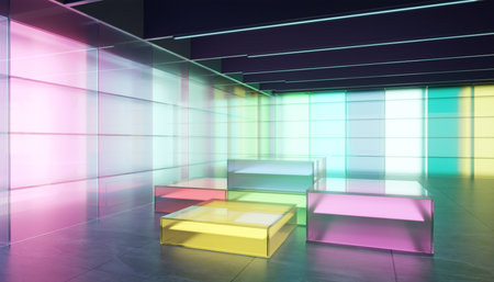 Multiple purpose room space with colored gradient transparent glass wall and glass material cube pedestal template. Scene For product display. 3D renderingの写真素材