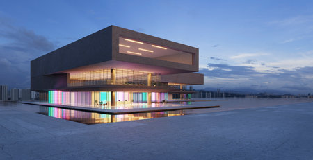 The modern buildings have colored gradient glass walls with a pond landscaping in front. 3D renderingの写真素材