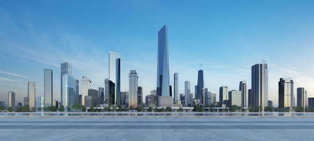 Empty floor and morning cityscape. 3D renderingの写真素材