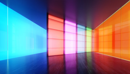 Empty modern multiple purpose room space with colored gradient transparent glass wall. 3D realistic renderingの写真素材
