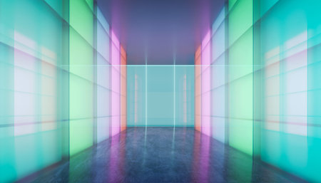 Empty modern multiple purpose room space with colored gradient transparent glass wall. 3D realistic renderingの写真素材