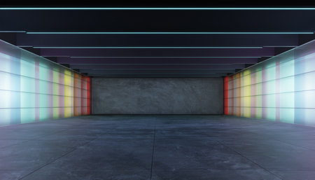 Empty modern multiple purpose room space with colored gradient transparent glass wall. 3D realistic renderingの写真素材