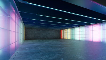 Beautiful translucent colorful glass wall interior design space. 3D realistic rendering.の写真素材
