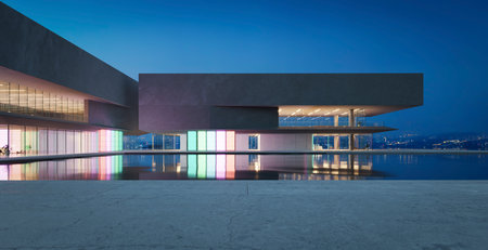 The modern buildings have colored gradient glass walls with a pond landscaping in front. 3D renderingの写真素材
