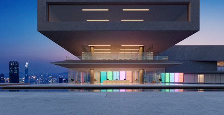 The modern buildings have colored gradient glass walls with a pond landscaping in front. 3D renderingの写真素材