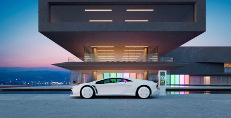 The electric sports car is parked and charged outside modern buildings have colored gradient glass walls with a pond landscaping in front. 3D realistic renderingの写真素材