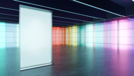 Multiple purpose room space with colored gradient transparent glass wall and luminous glass billboard. 3D realistic renderingの写真素材
