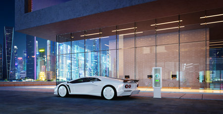 3d Modern building exterior and brandless electric EV concept carの写真素材