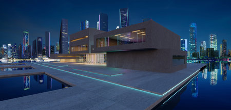 Facades of modern buildings in the business district at night. 3d rendering