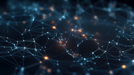 Network connections between nodes and dots, Created with Generative AI technologyの素材