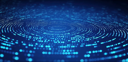 Photo of Blue dot shaped light effect technology concept background. Created with Generative AI technologyの素材
