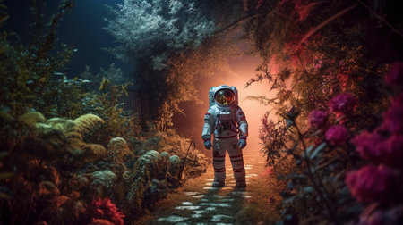 Astronaut in the multiverse garden on spring day, fantastic sci fi background. Created with Generative AI technologyの素材