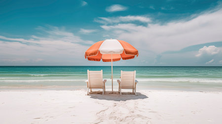 Beach chairs and an umbrella on a white sand beach. Created with Generative AI technologyの素材