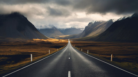 Infinity empty road with mountains in the background. Created with Generative AI technologyの素材