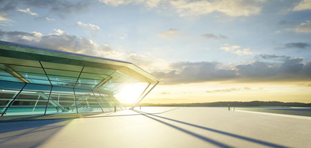 Empty concrete floor with polygon shape design modern building exterior. 3d rendering.の写真素材