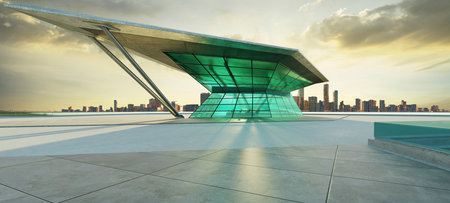 Empty concrete floor with polygon shape design modern building exterior. 3d rendering.の写真素材
