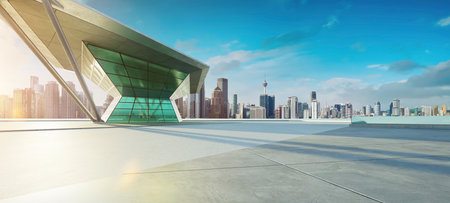 Empty concrete floor with polygon shape design modern building exterior. 3d rendering.の写真素材