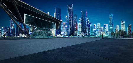 Empty concrete floor with polygon shape design modern building exterior. 3d rendering.の写真素材
