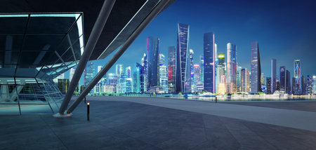Empty concrete floor with polygon shape design modern building exterior. 3d rendering.の写真素材