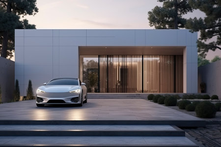 Luxury generic EV car parked outside modern minimalist design houseの素材
