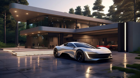 Luxury generic EV car parked outside modern minimalist design houseの素材