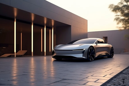 Luxury generic EV car parked outside modern minimalist design houseの素材