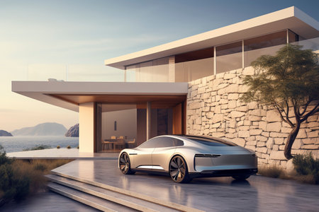 Luxury generic electric car parked outside villa houseの素材