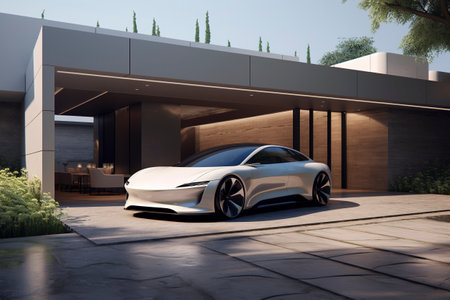 Luxury generic EV car parked outside modern minimalist design houseの素材