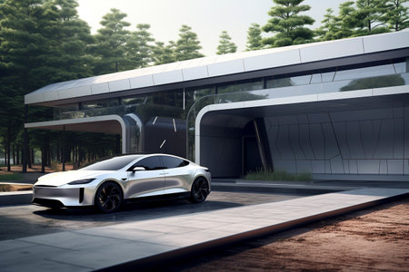 Luxury generic EV car parked outside modern minimalist design houseの素材
