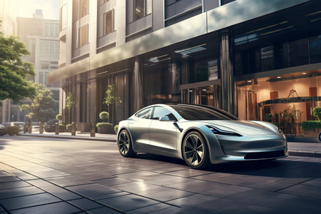 Luxury generic EV car parked outside office buildingの素材