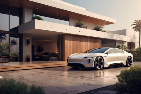 Luxury generic EV car parked outside modern minimalist design houseの素材