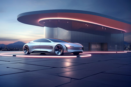 Luxury generic EV car parked outside modern minimalist design houseの素材
