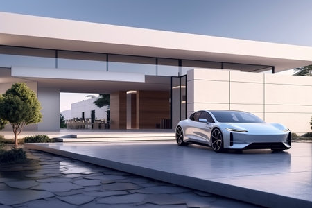 Luxury generic EV car parked outside modern minimalist design houseの素材