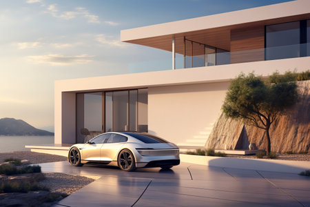 Luxury generic electric car parked outside villa houseの素材