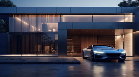 Luxury generic EV car parked outside modern minimalist design houseの素材
