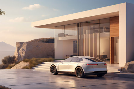 Luxury generic electric car parked outside villa houseの素材