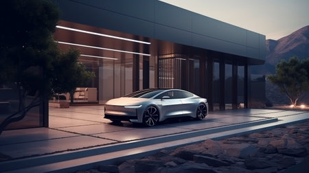 Luxury generic EV car parked outside modern minimalist design houseの素材