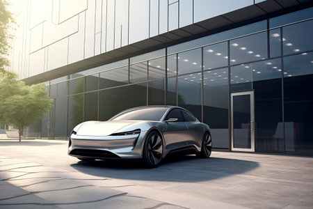 Luxury generic EV car parked outside office buildingの素材