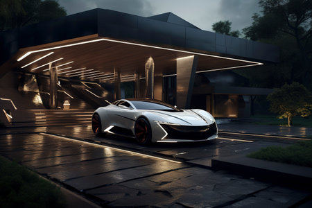 Luxury generic EV car parked outside modern minimalist design houseの素材