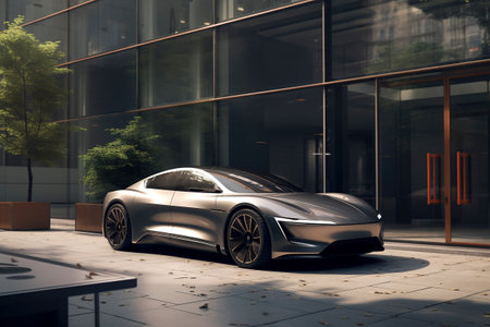 Luxury generic EV car parked outside office buildingの素材