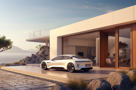 Luxury generic electric car parked outside villa houseの素材