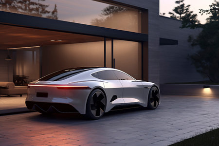 Luxury generic EV car parked outside modern minimalist design houseの素材