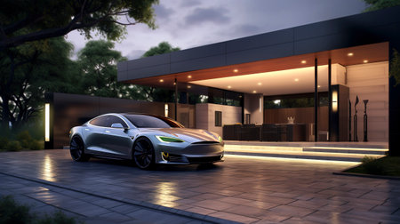 Luxury generic EV car parked outside modern minimalist design houseの素材