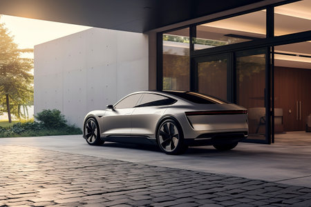 Luxury generic EV car parked outside modern minimalist design houseの素材