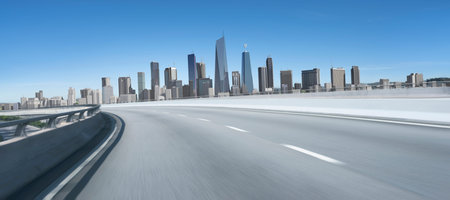 Moving forward at high speed, blurred and empty road with cityscape background. 3d rendering