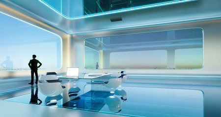 Rear view of successful businessman looking the sky from his futuristic office ,early morning scene. Realistic 3d renderingの写真素材