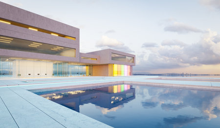 Modern glass wall commercial buildings exterior. Realistic 3d renderingの写真素材